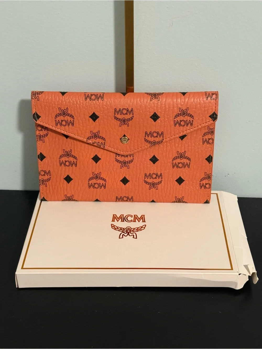 MCM Orange Visetos Monogram Leather Envelope Wallet! NWB and COA!